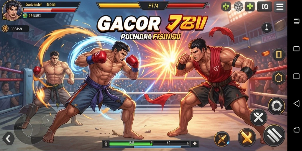 Screenshot GACOR77 menampilkan pertarungan seru dengan karakter dan efek visual menarik.