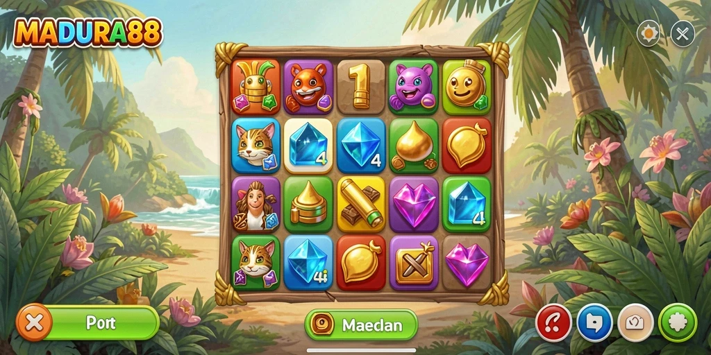 Screenshot gameplay MADURA88 yang menunjukkan momen seru mencocokkan permata.