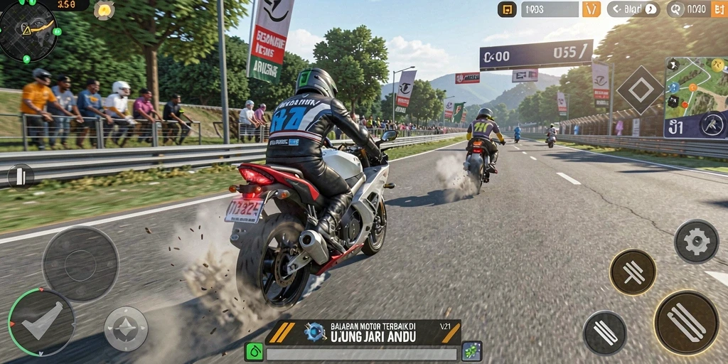 Tampilan gameplay V21 menampilkan aksi balapan motor seru.